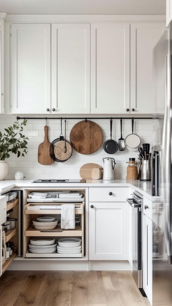 A modern kitchen with smart storage solutions, featuring pull-out drawers and open shelving.