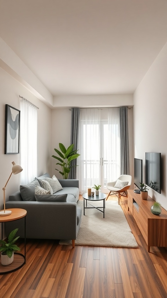 A small, stylish living room with a gray sofa, wooden floor, and plants.
