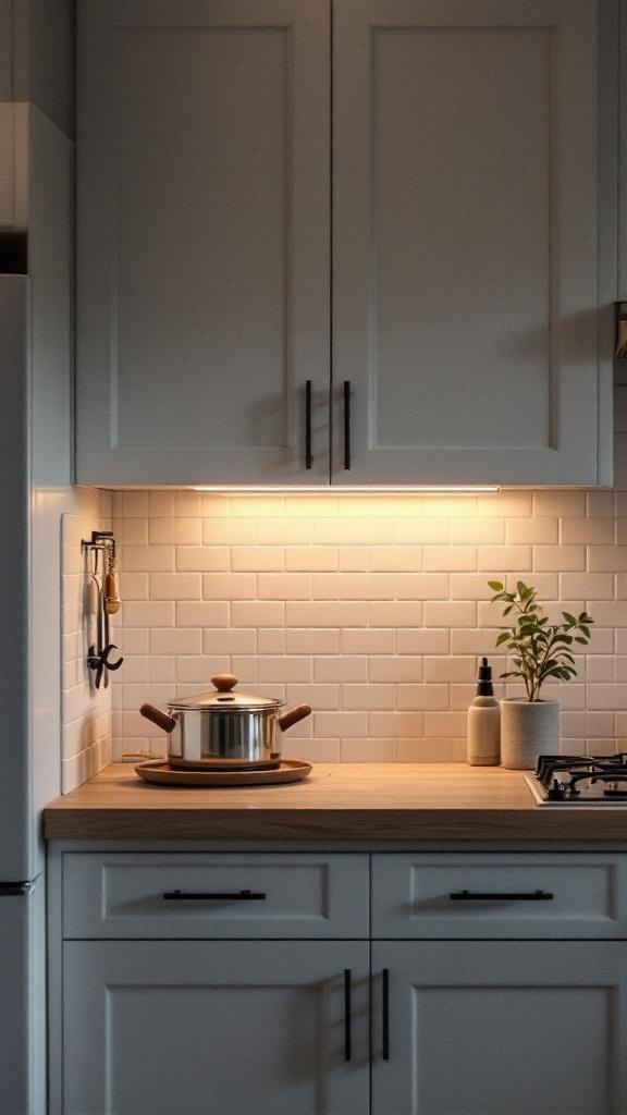 A small kitchen with under-cabinet lighting illuminating the countertop and a stainless steel pot.