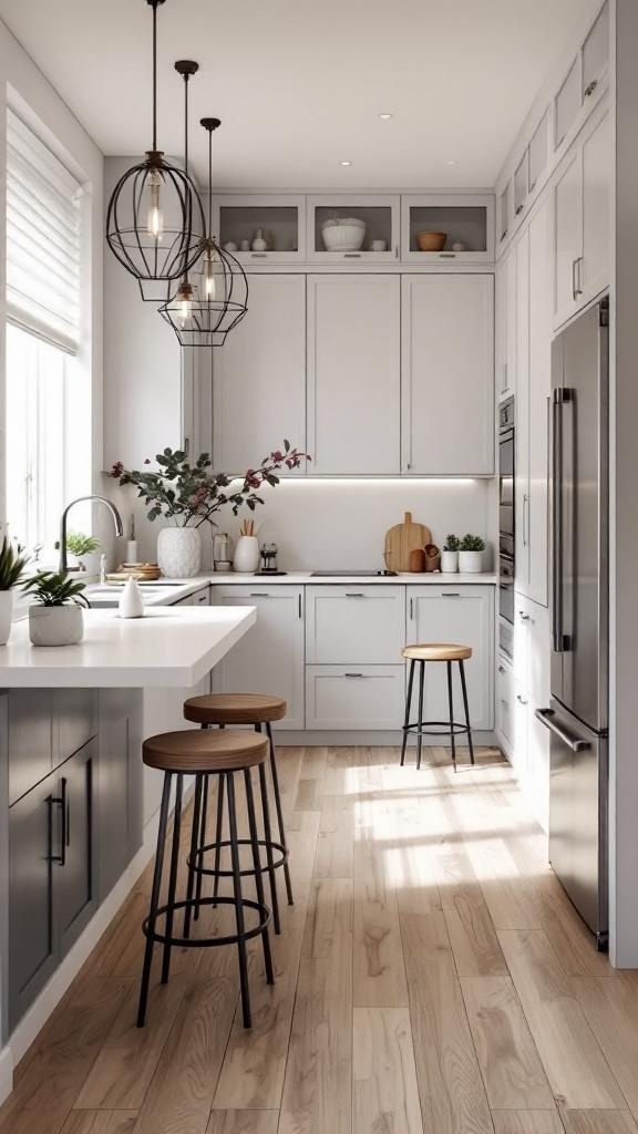 A modern galley kitchen featuring a breakfast bar with wooden stools and stylish decor.
