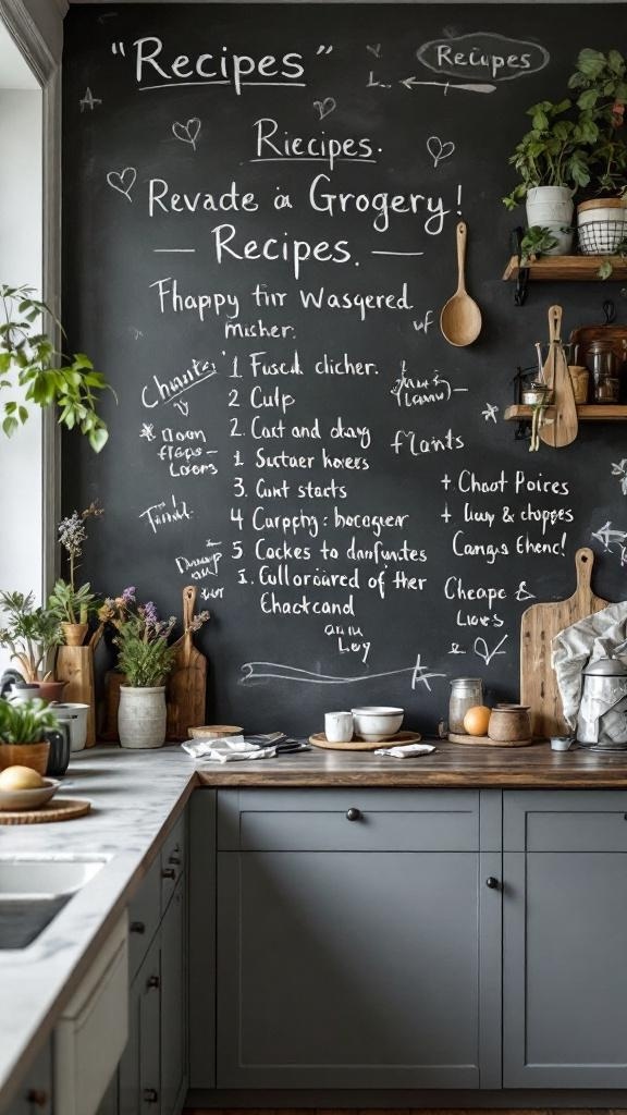 A kitchen with a chalkboard wall filled with recipes and notes.