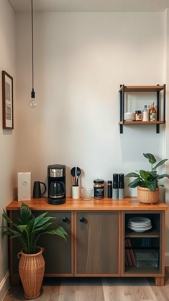 A cozy coffee nook featuring a coffee maker, plants, and decorative items on a wooden table.