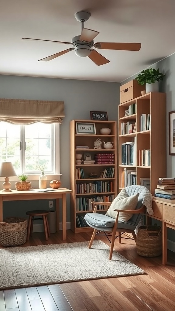 A cozy craft room featuring a reading nook with a chair, table, and bookshelves.