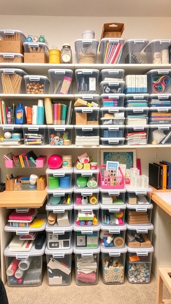 A well-organized supply wall in a craft room featuring shelves and clear bins filled with various craft materials.