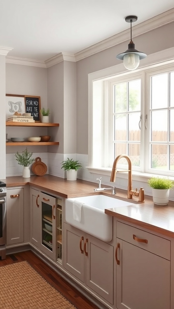 Modern kitchen featuring a farmhouse sink with wooden countertops and stylish decor.