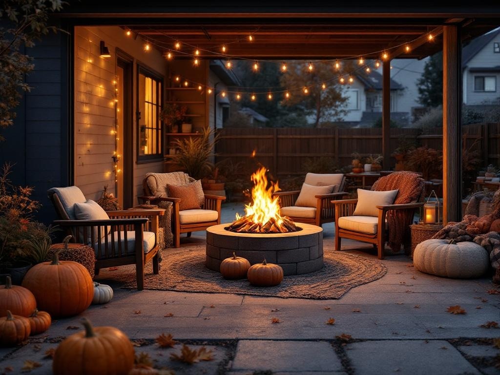 Cozy fire pit area with seating, pumpkins, and string lights, perfect for Thanksgiving gatherings.