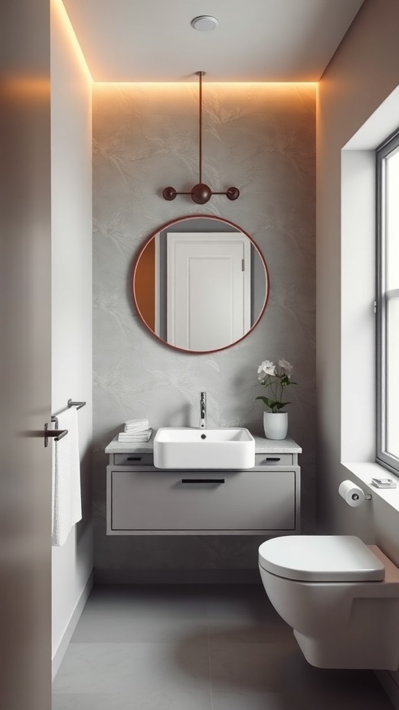 A small bathroom featuring a sleek floating vanity, a round mirror, and modern lighting.