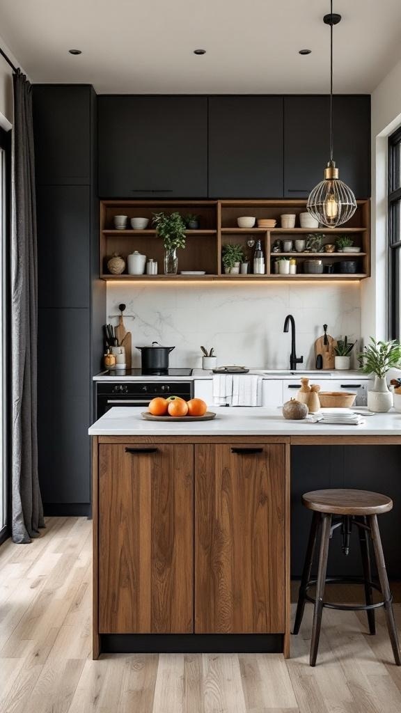 A modern kitchen with a foldable island and stylish decor.