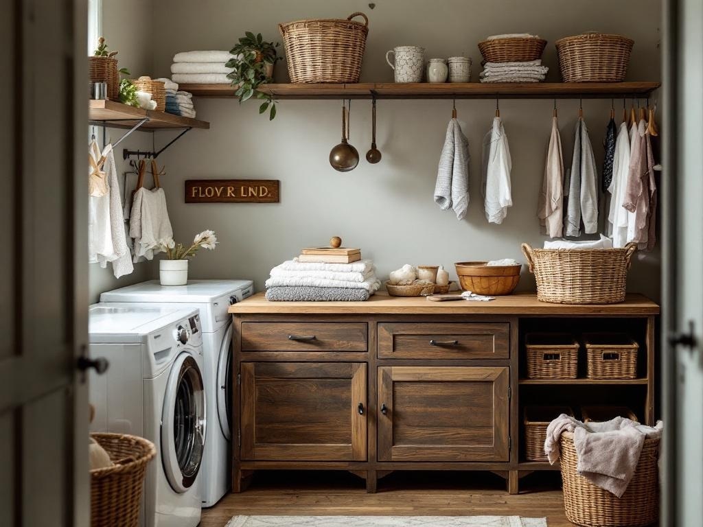 A small laundry room featuring a wooden folding station with shelves, baskets, and neatly folded laundry.