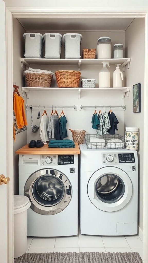 A small laundry room featuring a wooden folding station above washing machines, with organized shelves and storage baskets.