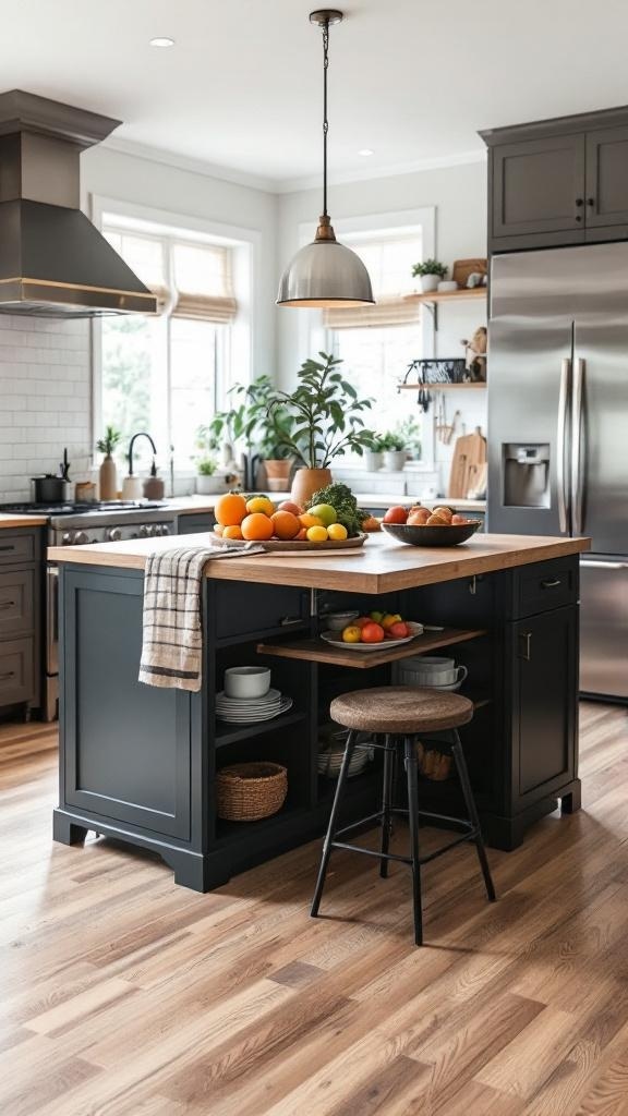 A modern kitchen featuring a stylish island with fruits on top, dark cabinetry, and wooden flooring.