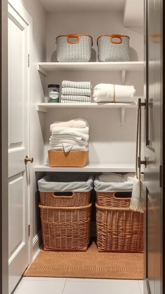 A small laundry room with woven baskets for laundry sorting and neatly arranged towels on shelves.