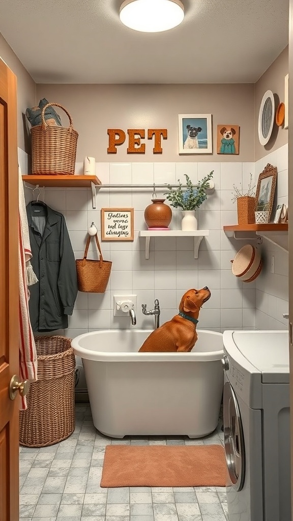 A cozy laundry room featuring a pet washing station with a dog in a bathtub.