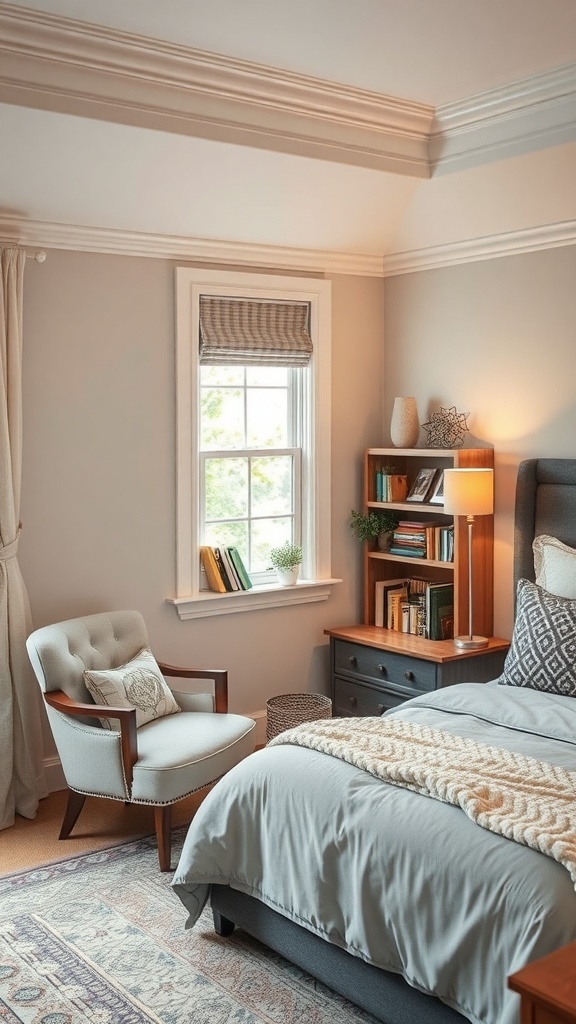 Cozy reading nook in a master bedroom with a chair and bookshelf.