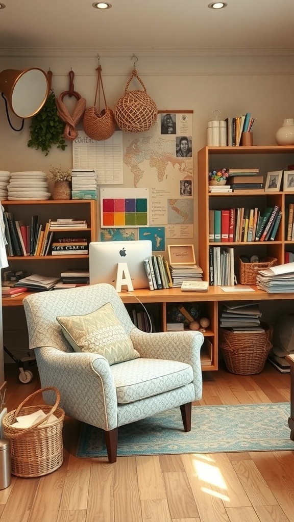 A cozy craft room featuring a comfortable chair, bookshelves, and decorative elements.