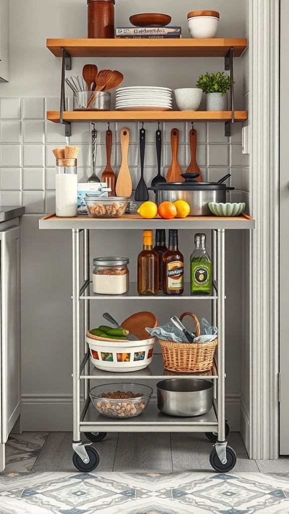 A stylish rolling cart in a small kitchen, showcasing organized shelves with kitchen essentials.