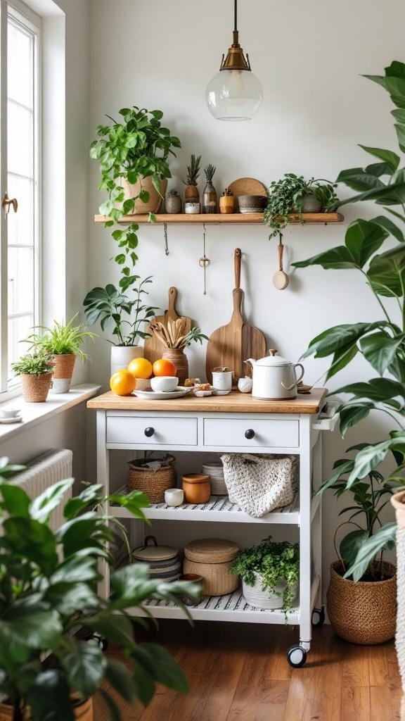 A small kitchen featuring a rolling cart with plants, fruits, and kitchen utensils.