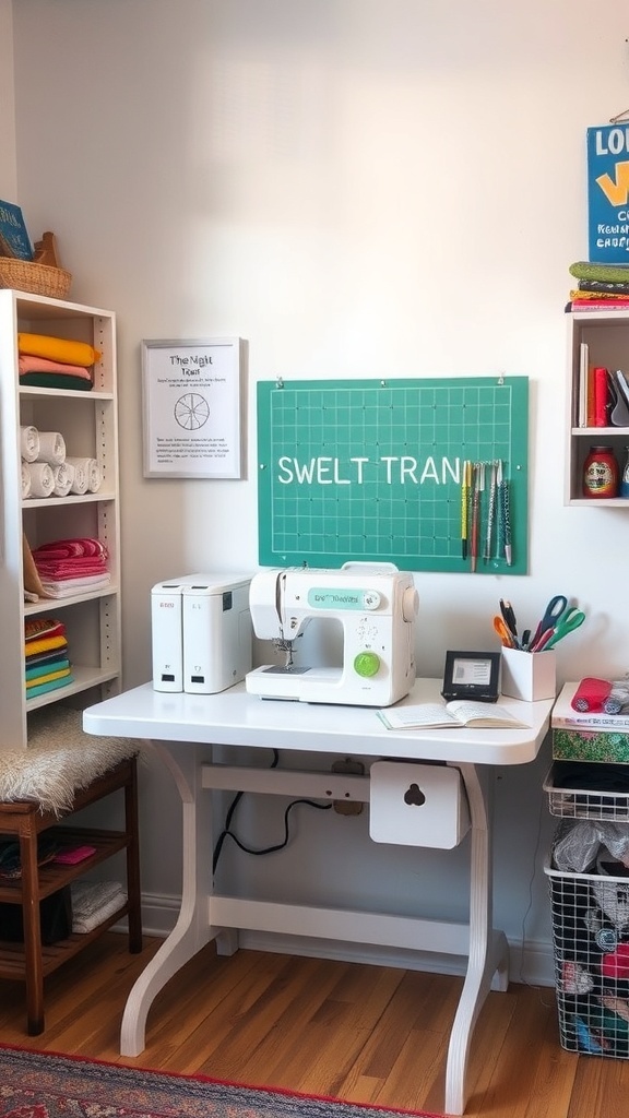 A sewing station with a machine, colorful fabrics, and organized storage.