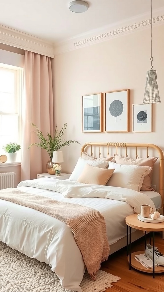 Cozy bedroom with soft color scheme and natural light.