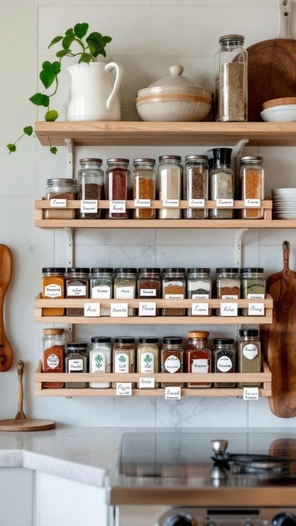 A stylish spice rack with labeled jars on wooden shelves in a modern kitchen.