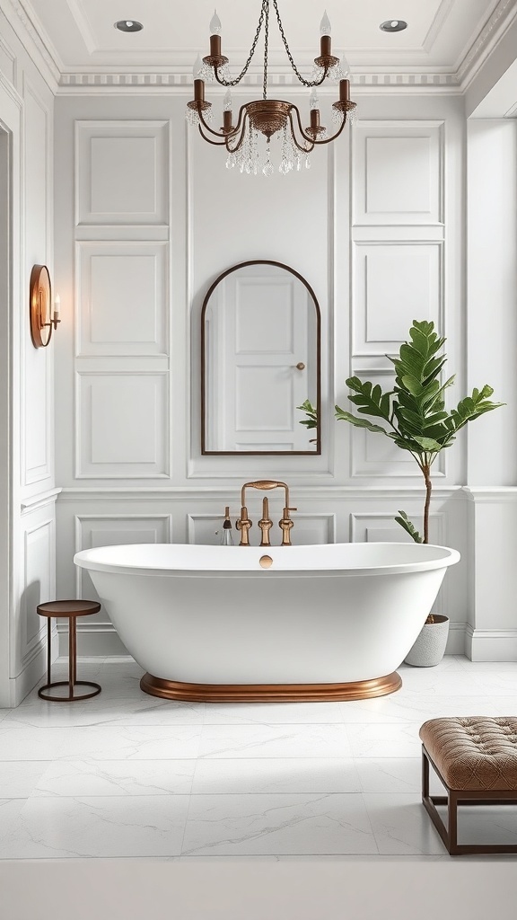 A stylish bathroom featuring a freestanding white bathtub with a wooden base, elegant chandelier, and decorative plants.