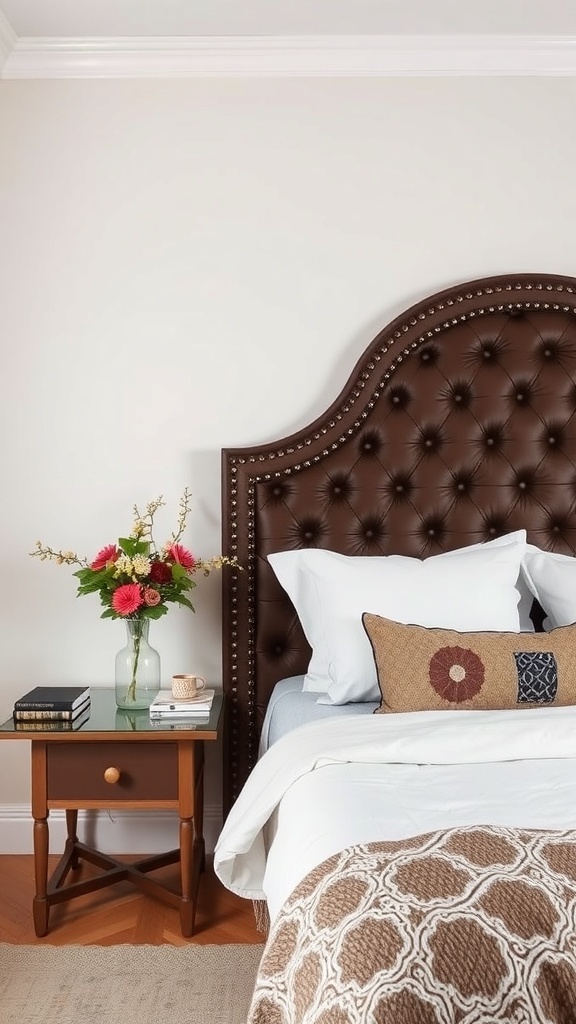 A cozy bedroom featuring a stylish tufted brown headboard, decorative pillows, and a bedside table with flowers.