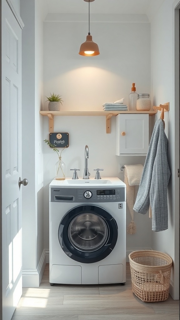 A small laundry room featuring a utility sink, washing machine, and organized shelves.