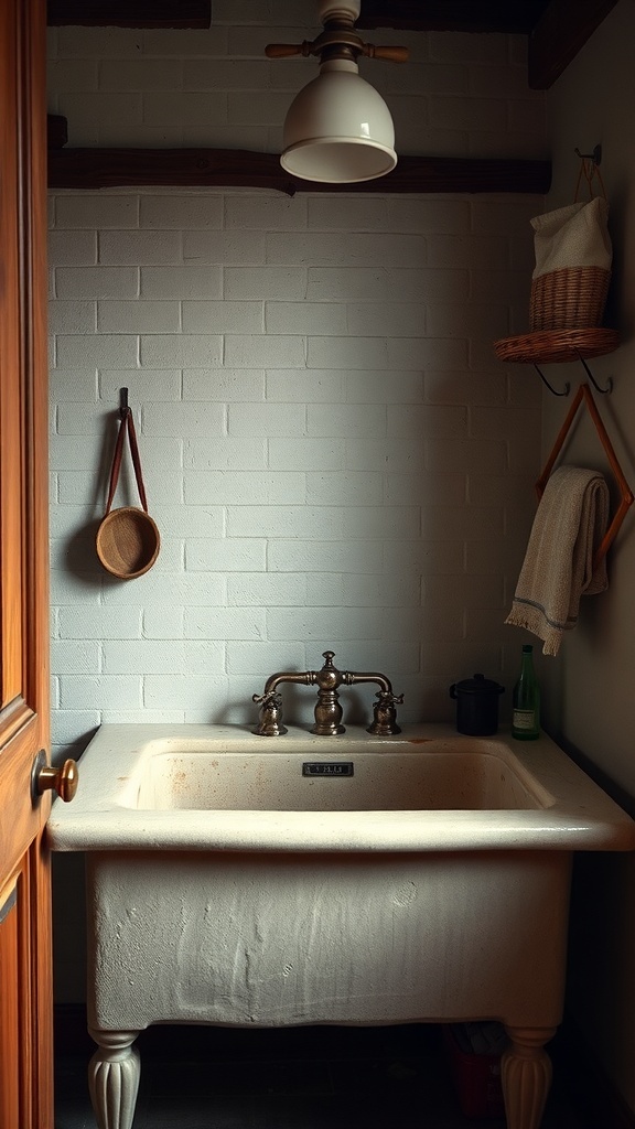 A rustic utility sink in a laundry room with a vintage design.