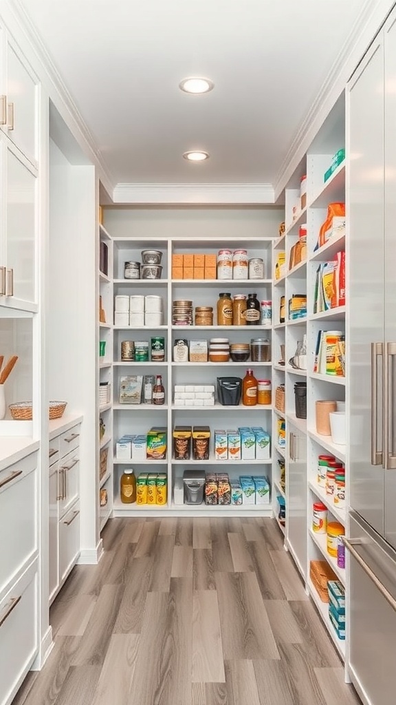 A well-organized walk-in pantry with shelves filled with food items and containers.