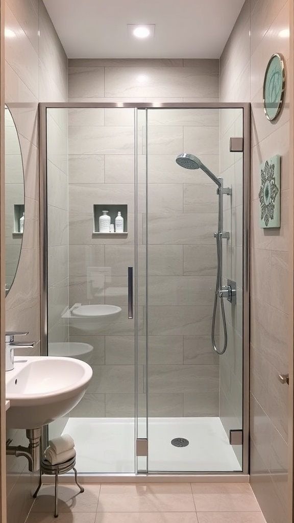 Modern walk-in shower with glass enclosure and neutral tiles