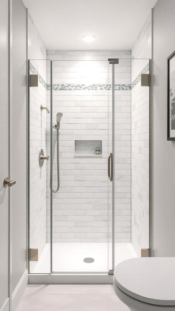 Modern walk-in shower with glass doors and tile walls.