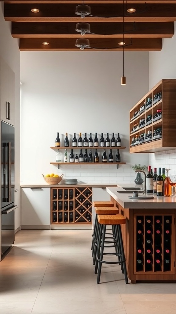 A modern kitchen featuring a wine bar with a wall-mounted wine rack, a countertop, and bar stools.