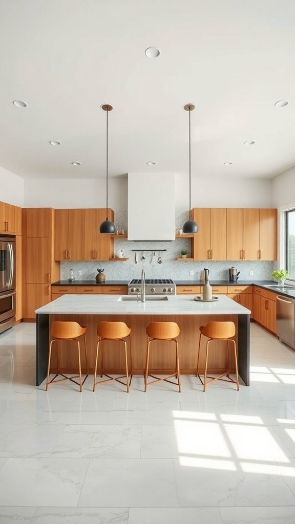 A modern kitchen with a large island, wooden cabinets, and stylish stools.