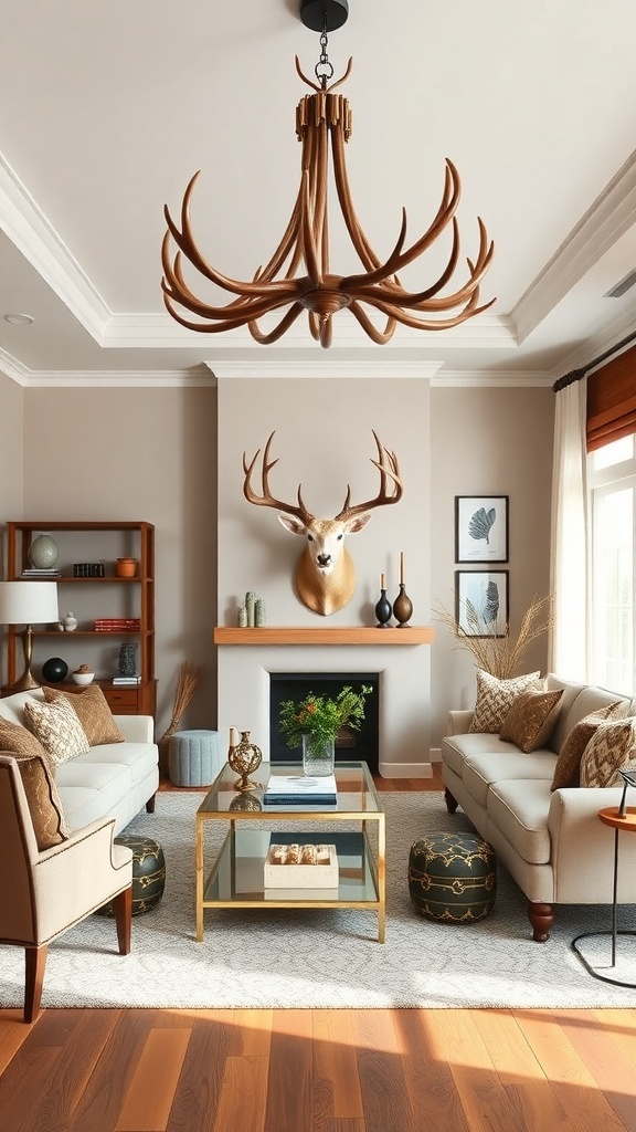 A stylish living room featuring a deer mount above the fireplace, with cozy furniture and warm decor.