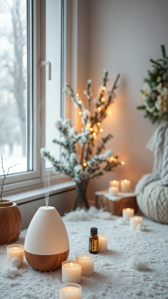 A cozy winter room with a diffuser, candles, and a small decorated tree.