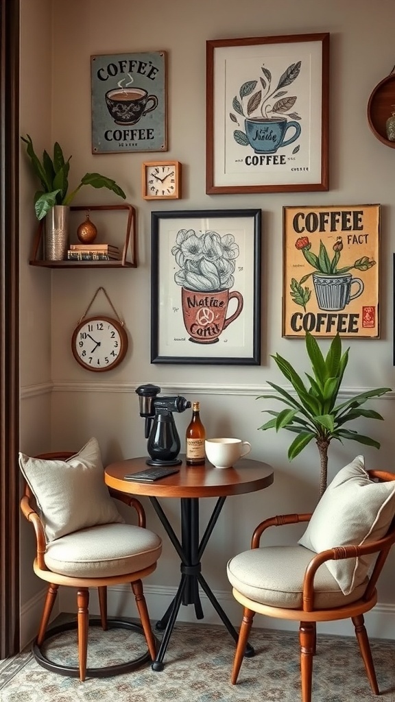 Cozy coffee nook with art and decor featuring coffee-themed prints and plants.