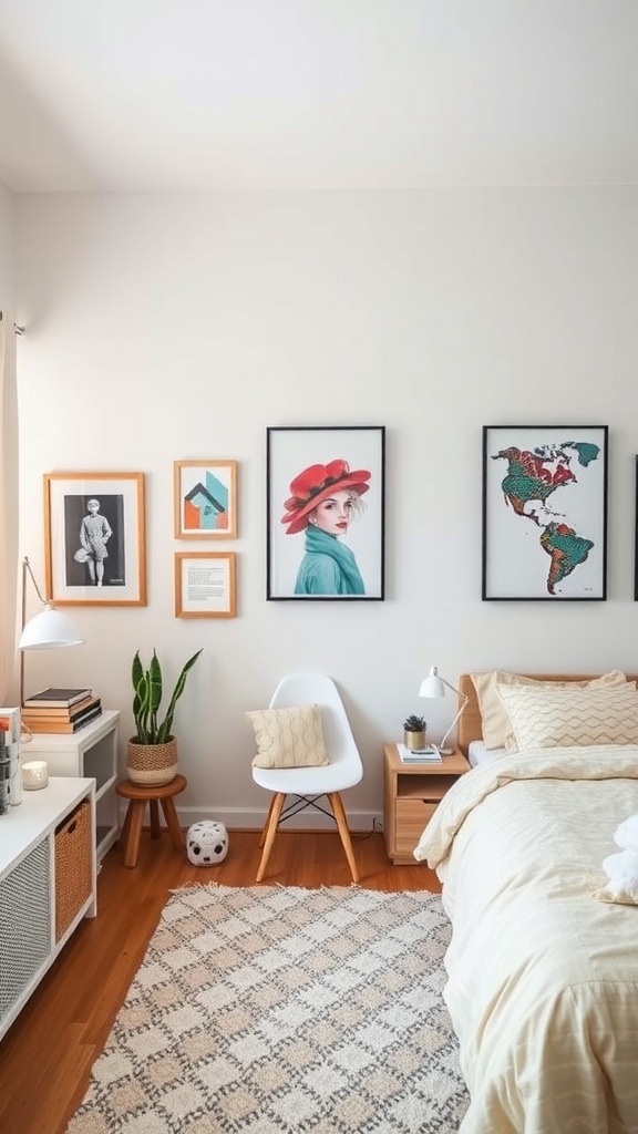 A neutral teen girl bedroom featuring art on the walls, a cozy bed, and a plant.
