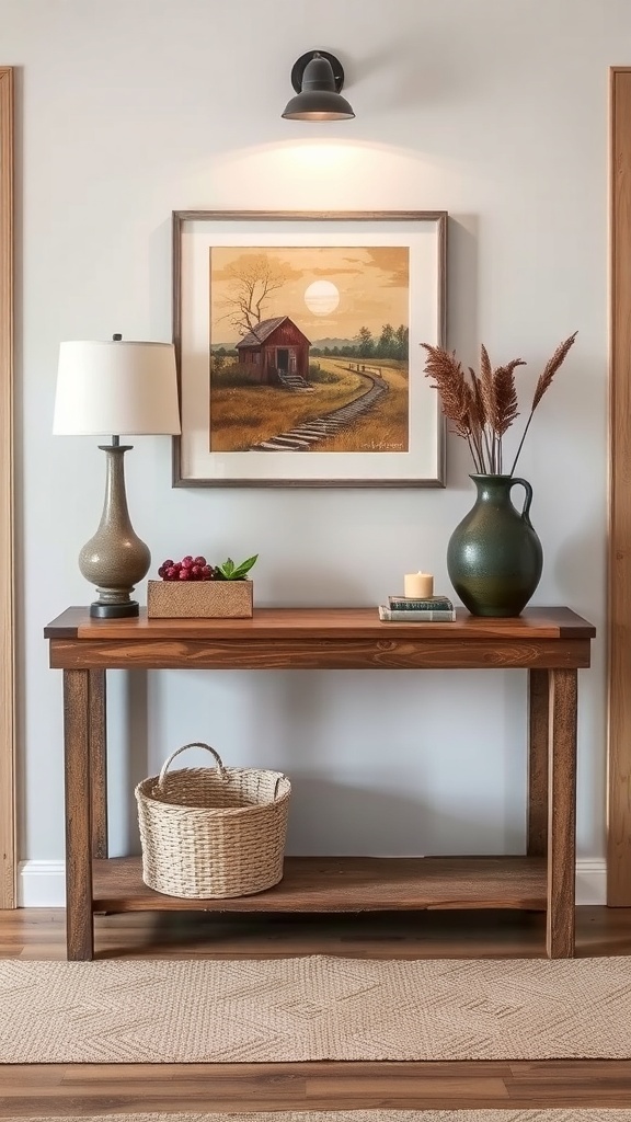 A rustic entryway table with a framed art piece, decorative vases, and a woven basket.