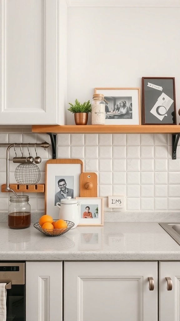 A stylish kitchen countertop featuring photos, a plant, and a bowl of oranges.