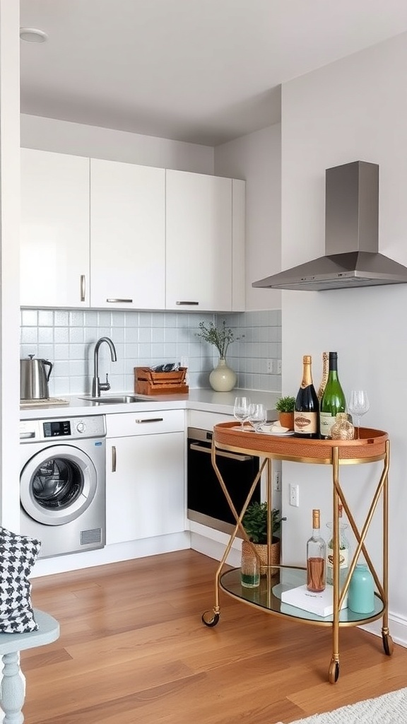 A modern apartment kitchen featuring a stylish bar cart with wine bottles and glasses.