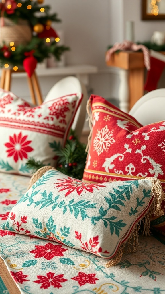 Bohemian Christmas decor with colorful pillows and table runners featuring floral patterns.