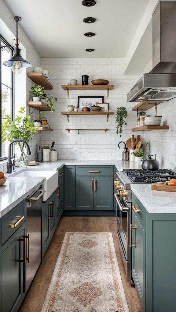 A stylish galley kitchen featuring dark green cabinets, gold hardware, and open shelves with plants and decorative items.