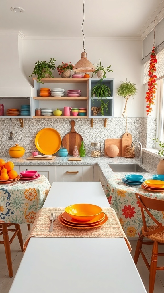A colorful kitchen countertop with vibrant dishware and floral patterns.