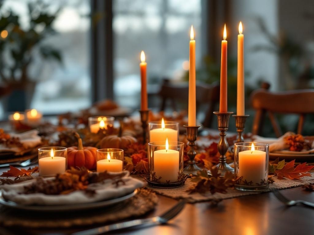 A beautifully set Thanksgiving table with candles, pumpkins, and autumn leaves.