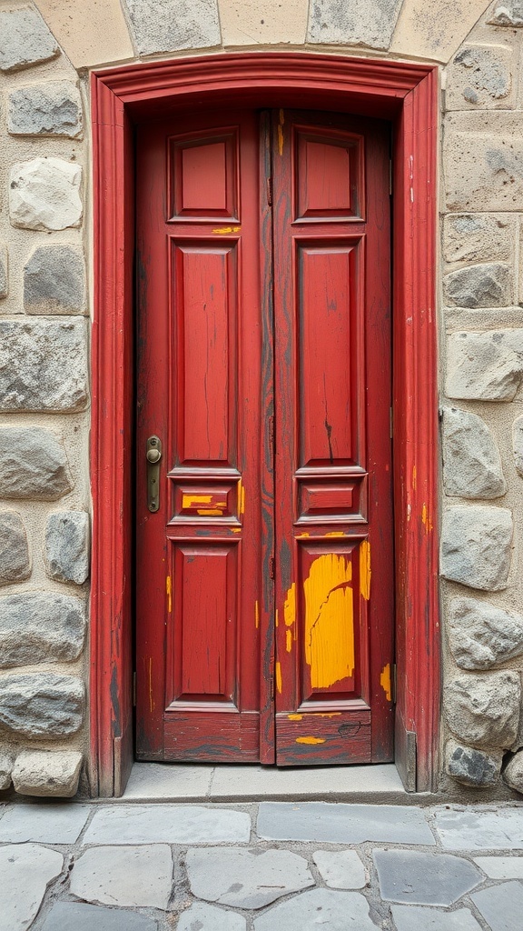 A rustic double door painted in red with yellow patches, surrounded by stone walls.