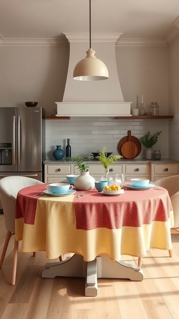 A round farmhouse kitchen table set with a colorful tablecloth, plates, and a vase, creating a cozy dining atmosphere.