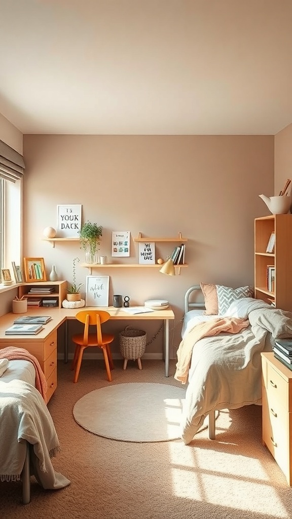 A cozy dorm room with warm colors, featuring light wood furniture, an orange chair, soft blankets, and a plant.