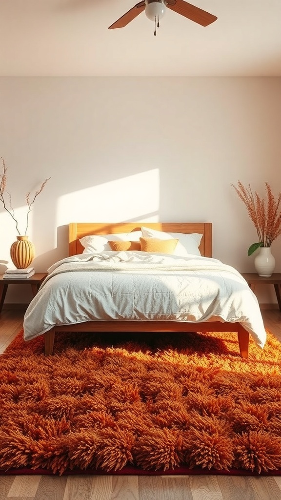 Cozy bedroom with a warm orange rug, bed, and decorative elements