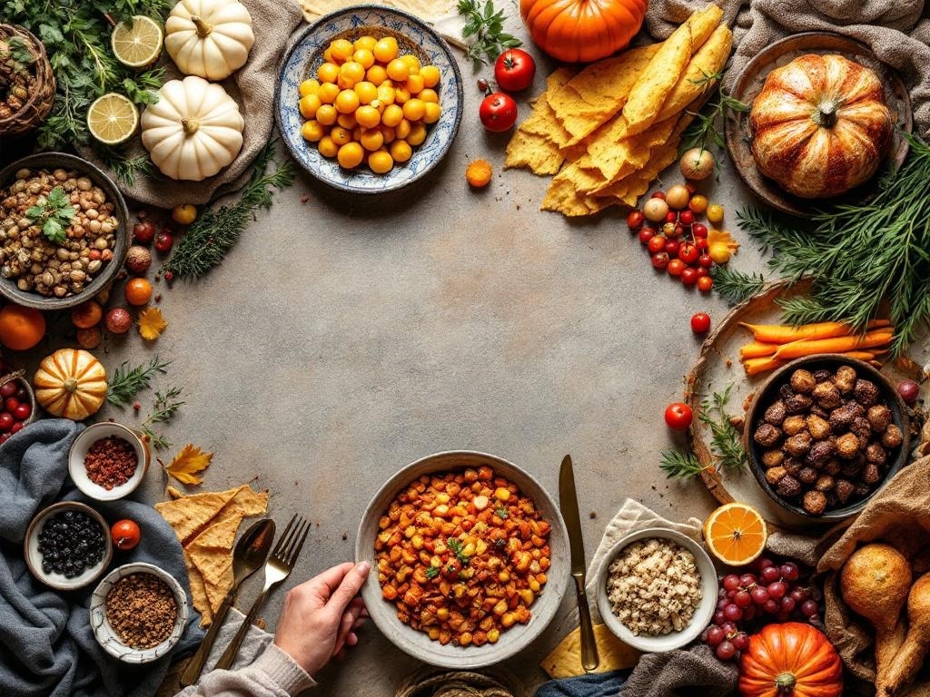A beautifully arranged Thanksgiving table with a variety of colorful dishes, including roasted vegetables, grains, and seasonal decorations.