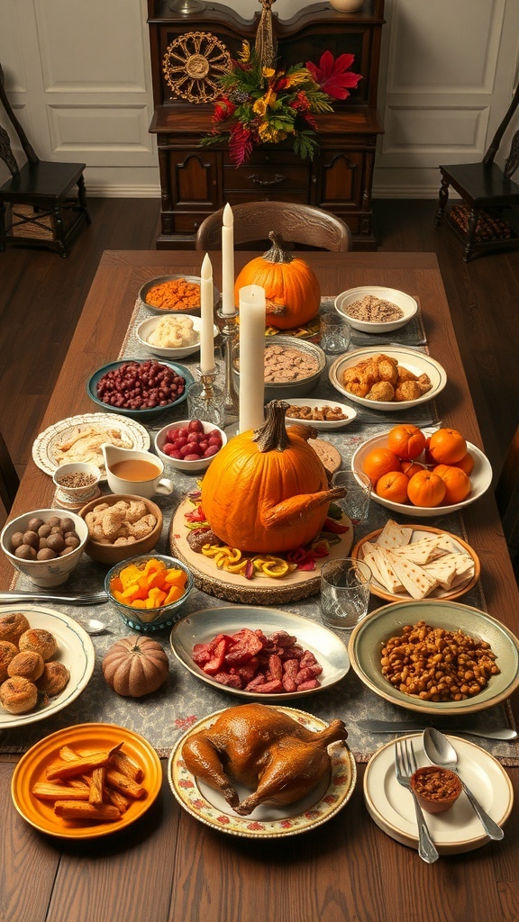 A beautifully set Thanksgiving dinner table featuring a pumpkin centerpiece, various dishes, and candles.